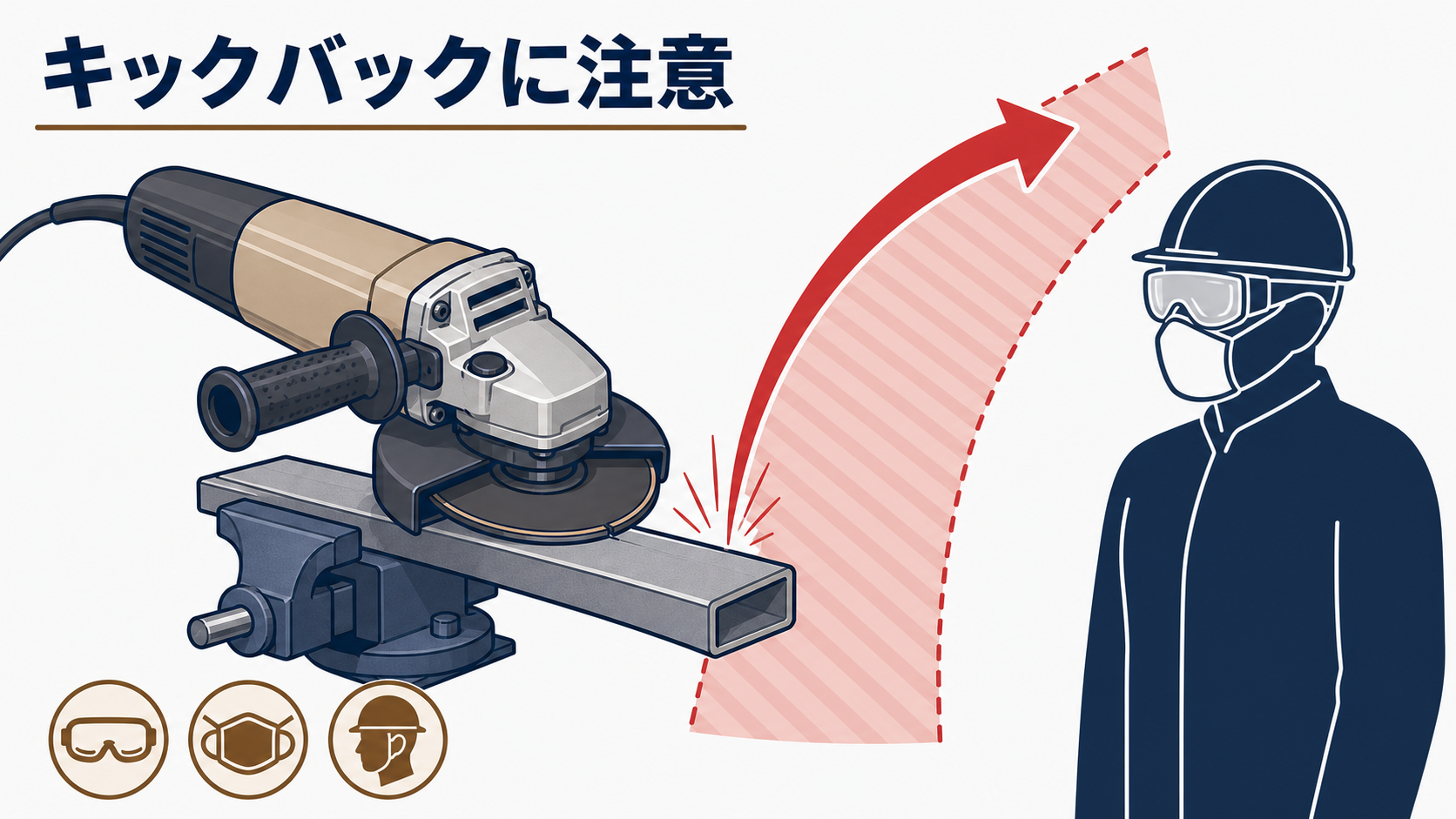 材料に砥石が挟まれたときのディスクグラインダーのキックバック方向と、作業者が避けるべき範囲を示す図解