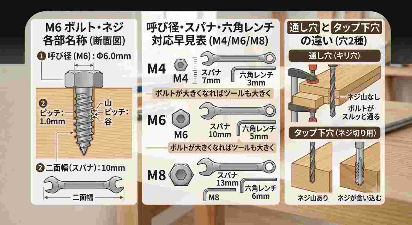 ボルト・ネジの要点まとめ図。M6の各部名称（呼び径・ピッチ・二面幅）、呼び径ごとのスパナ・六角レンチ対応（M4→スパナ7mm/六角3mm、M6→10mm/5mm、M8→13mm/6mm）、通し穴とタップ下穴の違い。