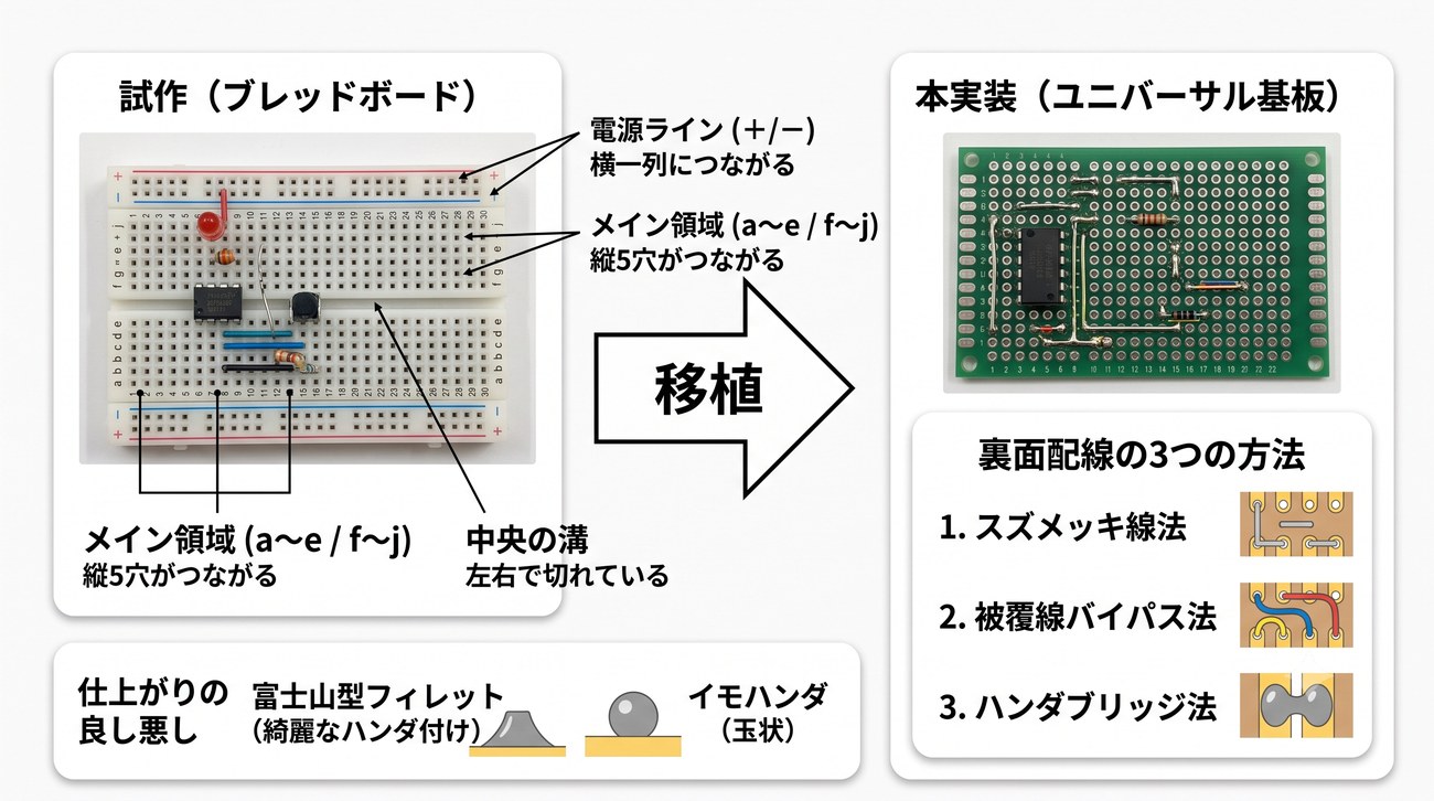 ブレッドボードでの試作からユニバーサル基板への移植の流れ。ブレッドボードの電源ライン（横一列）・メイン領域（縦5穴）・中央の溝（左右で分断）、裏面配線の3つの方法（スズメッキ線法・被覆線バイパス法・ハンダブリッジ法）、仕上がりの良し悪し（富士山型フィレット vs イモハンダ）を示した図。