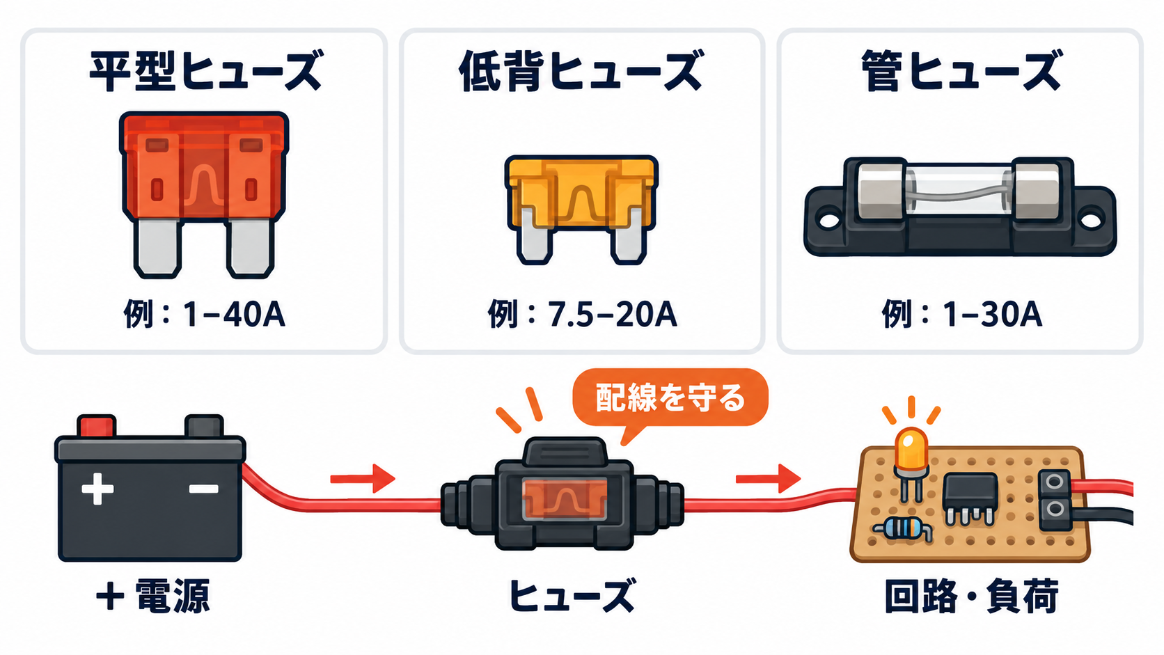 DIY電気工作で使う平型ヒューズ、低背ヒューズ、管ヒューズと、電源のプラス側にヒューズホルダーを入れる位置を示す図。
