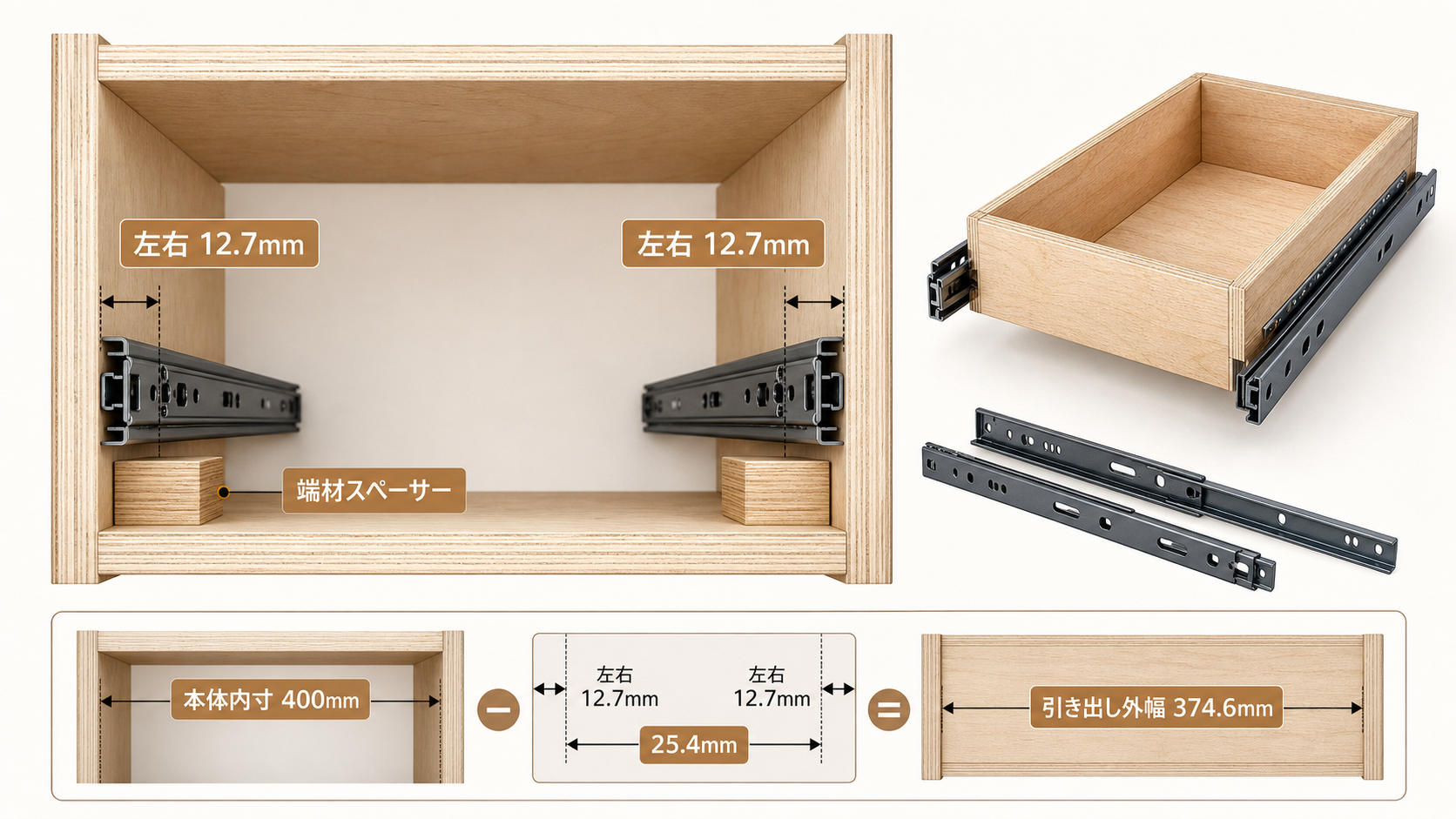 本体内寸400mmから左右のスライドレール厚み12.7mmずつを引き、引き出し外幅374.6mmを求める寸法計算図