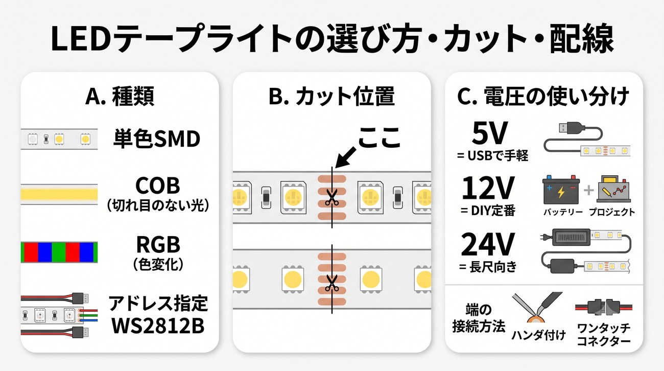 LEDテープライトの選び方・カット・配線の図。種類（単色SMD・COB・RGB・アドレス指定WS2812B）、銅パッド（ハサミマーク）でのカット位置、電圧の使い分け（5V=USB・12V=DIY定番・24V=長尺向き）、端の接続方法（ハンダ付け・ワンタッチコネクター）を示す。