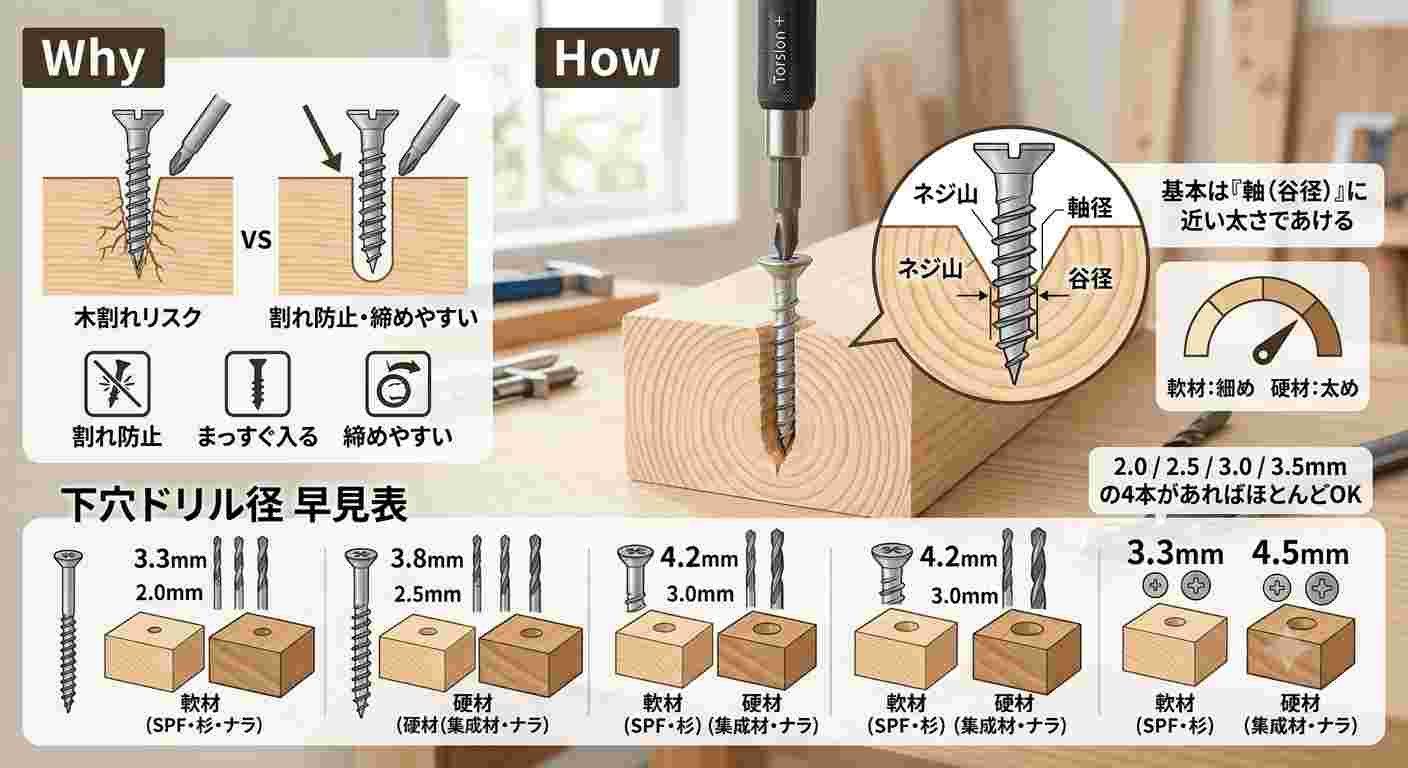 下穴の要点まとめ図。下穴なしは木割れリスク、下穴ありは割れ防止・まっすぐ・締めやすい。基本は軸（谷径）に近い太さであけ、軟材は細め・硬材は太め。下穴ドリルは2.0/2.5/3.0/3.5mmの4本でほぼOK。ネジの太さ別の下穴径早見表。