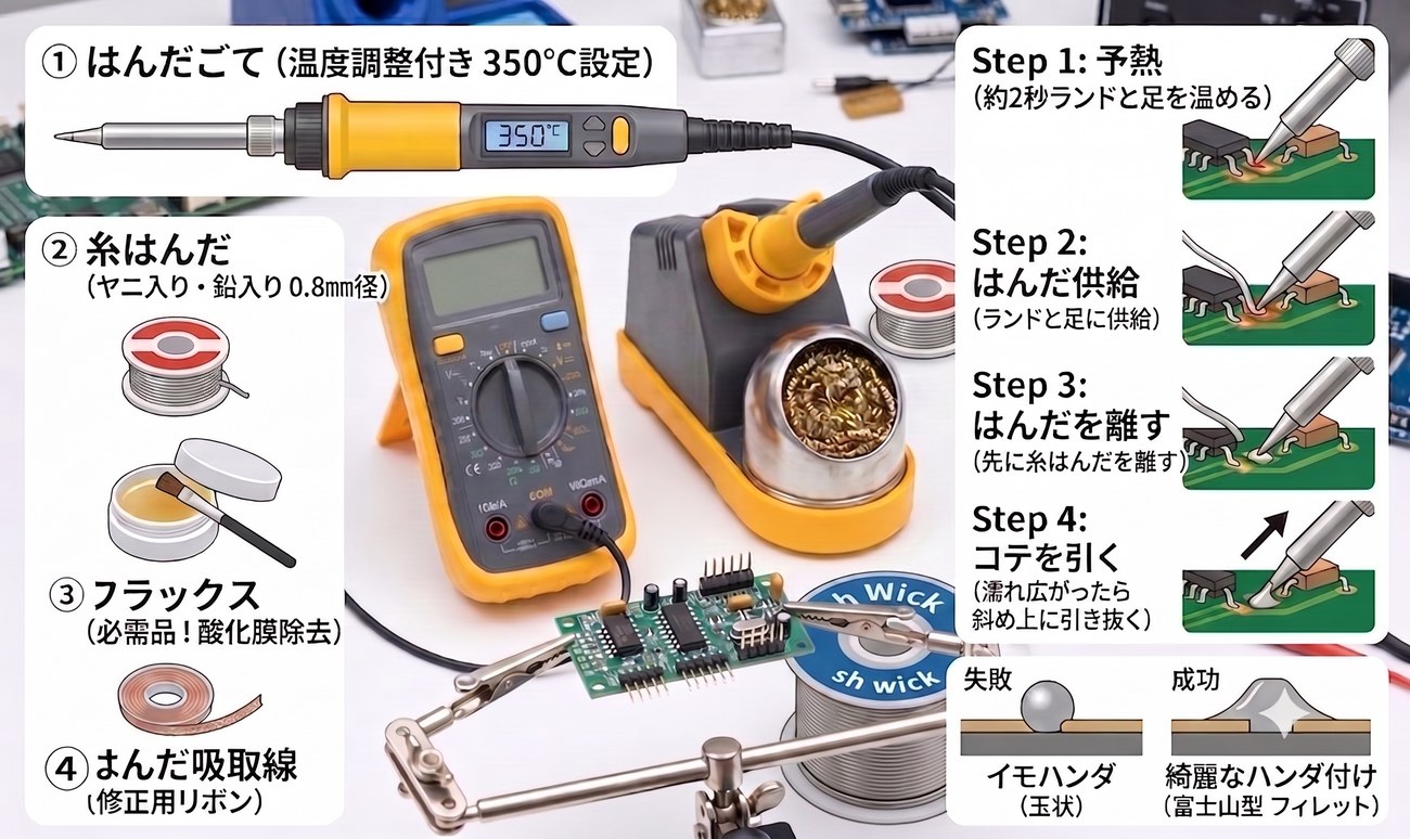 はんだ付けの道具一式（温度調整はんだごて・糸はんだ・フラックス・はんだ吸取線）と、綺麗に仕上げる4ステップ（予熱→はんだ供給→はんだを離す→コテを引く）、および失敗（イモハンダ・玉状）と成功（富士山型フィレット）の仕上がり比較図。