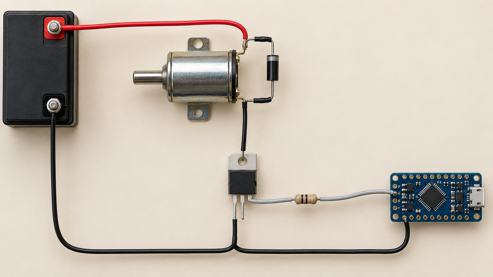 12V電源、ソレノイド、フライバックダイオード、NチャンネルMOSFET、マイコンを配線した実物風の駆動回路図