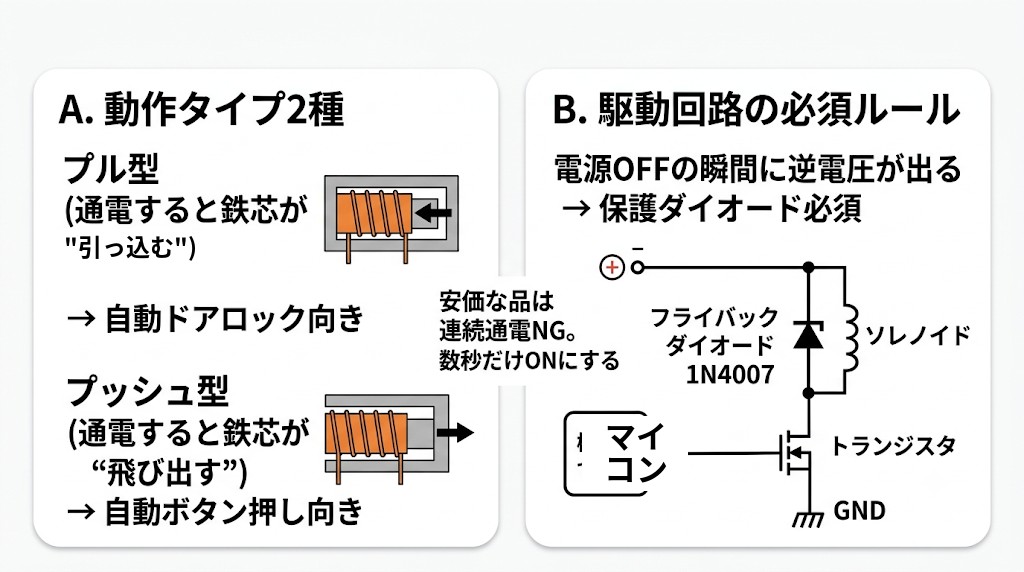 ソレノイドの基礎とDIY活用の図。動作タイプ2種（プル型＝通電すると鉄芯が引っ込む・自動ドアロック向き、プッシュ型＝通電すると鉄芯が飛び出す・自動ボタン押し向き）と、駆動回路の必須ルール（電源OFFの瞬間に逆電圧→フライバックダイオード1N4007を並列に必須、マイコンからトランジスタで駆動、安価な品は数秒だけON）を示す。