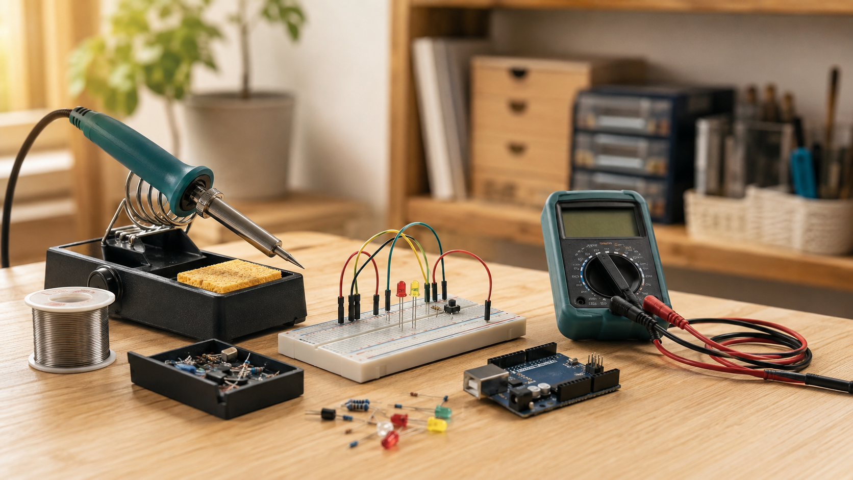 はんだごて、ブレッドボード、テスターを並べた電気工作の作業机